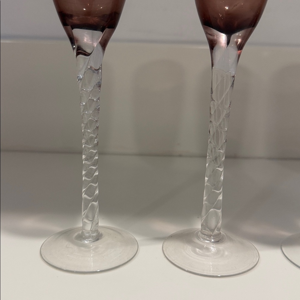 Elegant Vintage Amethyst Glass Champagne Flutes Clear Twisted Stems, Set of 4 - Picture 2 of 4